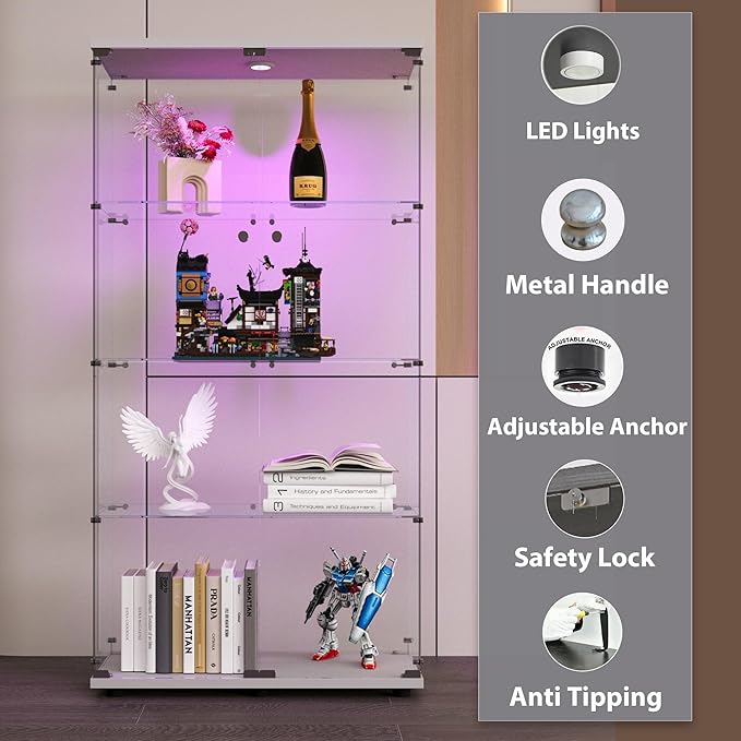 64.5" H 4-Shelf LED Lights Glass Display Cabinet with Double Door,Modern Curio Cabinet Collection Display Case,Floor Standing Bookshelf Glass Case with Lock for Living Room,Home Office (White)