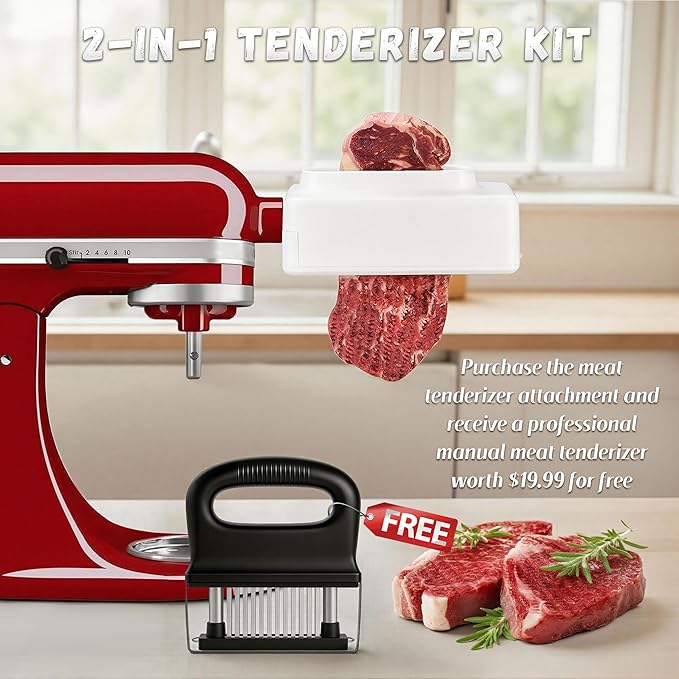 Meat Tenderizer Attachment for KitchenAid Stand Mixer, 2-in-1 Kit with 48 Blades & Handheld Tool, Professional Meat Cuber & Mallet for Steak, Beef, Chicken, Easy to Use & Clean, Dishwasher Safe