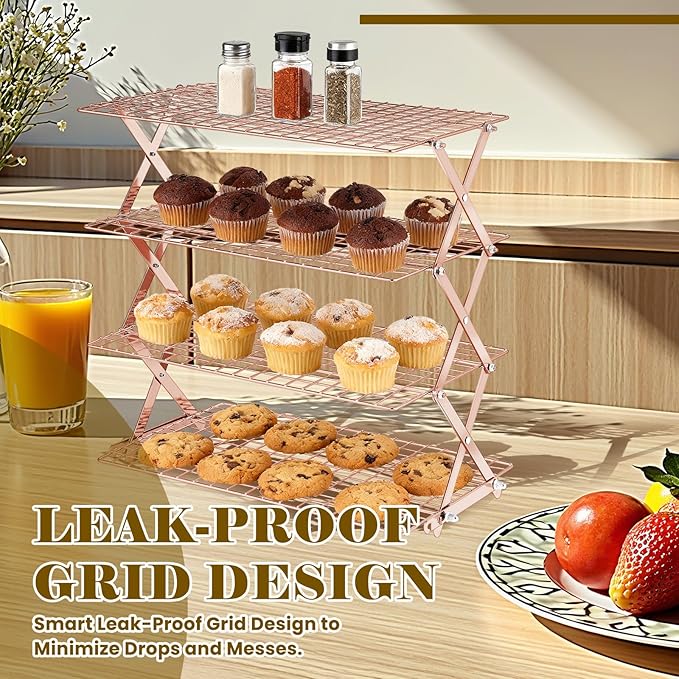 BEWOS 4 Tier Collapsible Cooling Rack - Adjustable Stainless Steel Baking Rack with Mesh Leak Proof，Foldable X-Shaped Structure Cooling Racks for Cooking and Baking, Dishwasher Safe（ Rose Gold）