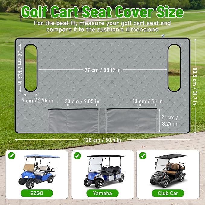 Kaskawise Golf Cart Seat Cover Blanket with Pockets,Absorbent Towel Fabric for Yamaha Drive/G-Series, Club Car Precedent/DS,EZGO TXT/RXV 2-Person Seats,Machine Washable,Summer/Winter,Grey