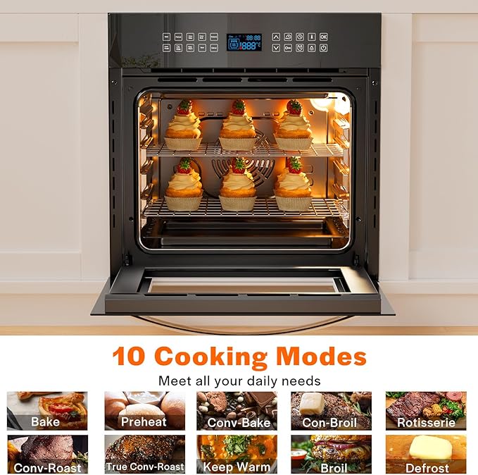 Empava Built-In Electric Single Wall Oven 24 inch with Convection and Rotisserie 10 Cooking Modes, Screen Touch Control, Black