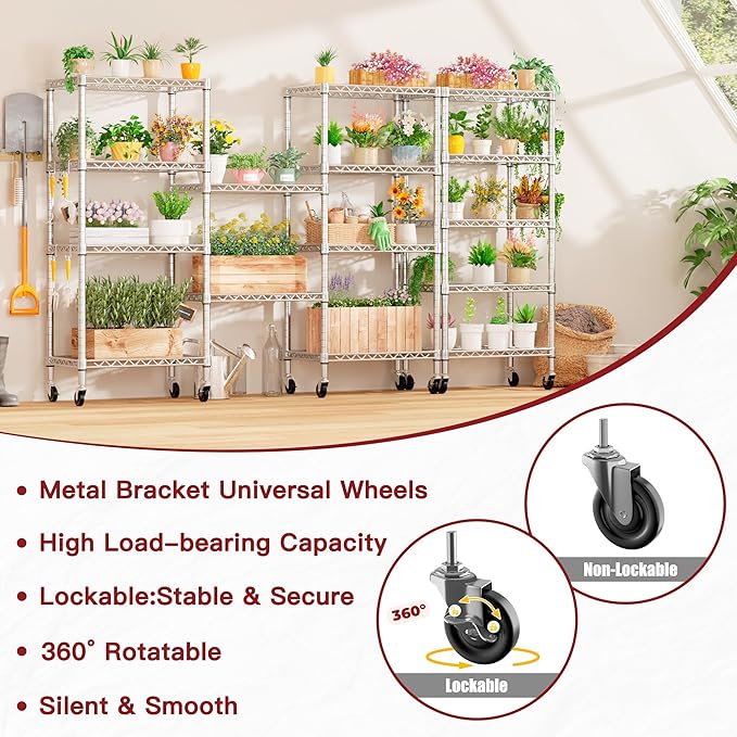 PrimeZone 75" H Wire Shelving 5 Tier Slim Steel Storage Metal Shelves with Wheels,Adjustable Kitchen Utility Shelving Unit,Pantry Rack Rolling Metal Shelf Chrome 24" Wx18 Dx75 H
