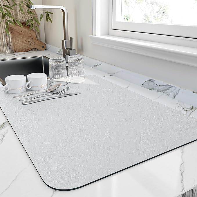 Dish Drying Mat for Kitchen Counter, Heat Resistant Drainer Mats with Non-slip Rubber Backed, Hide Stain Kitchen Super Absorbent Draining Mat, Easy to Clean Dish Rack Pad, Light Grey 18"x28"