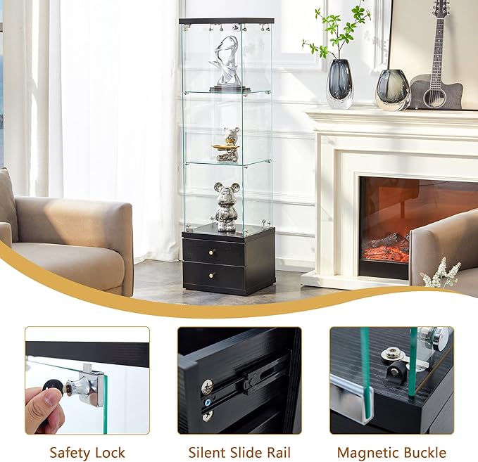 Yoluckea 3 Shelves Glass Display Cabinet with 2 Soft-Close Storage Drawers, Curio Collection Glass Display Case with Door & Lock, Floor Standing Bookshelf Corner Cabinet for Book Toys Glory (Black)