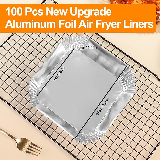 Air Fryer Paper Liners, 100Pcs Aluminum Foil Air Fryer Disposable Paper Liner, 6.3” Square Non-stick Sheets, Food Grade Aluminum Foil for Baking, Frying, Grilling, Roasting Microwave