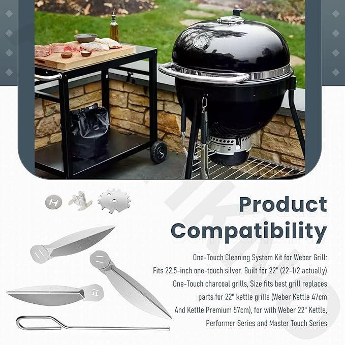 22-1/2-Inch One-Touch Cleaning System Kit, Compatible with Weber Grill Parts, 7444 Weber Kettle Grills - for Grill Bottom, Grill Damper Air Amount Control and Kettle ash Clean-Out, Silver. (2)