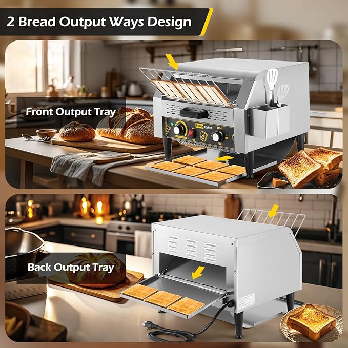 Dyna-Living Commercial Restaurant Toaster 450 Slices/H Conveyor Toaster Oven 1900W Rotating Toasters Heavy-duty Stainless Steel Commercial Conveyor Belt Toasters for Bun Bread