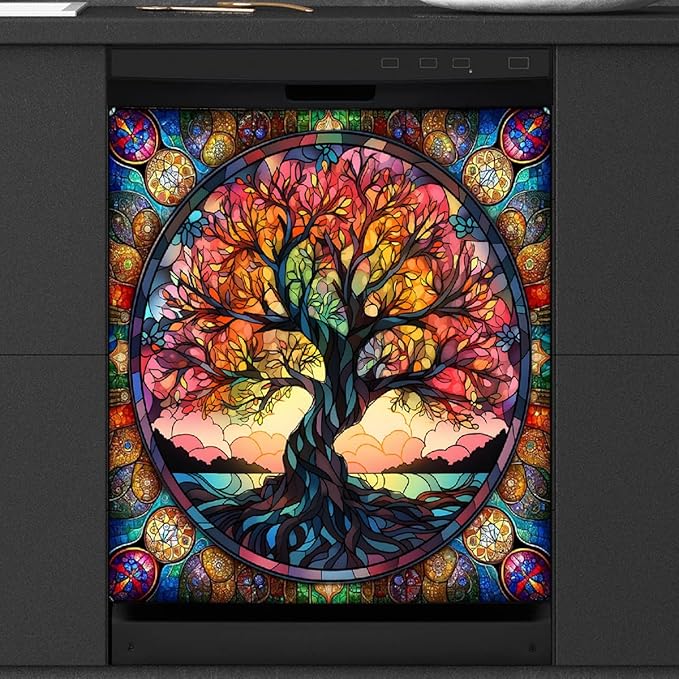 Tree of Life Dishwasher Magnet Cover Tree of Life Glass Dishwasher Decorative Cover Front Dishwasher Door Cover Reuseable Dishwasher Cover for Kitchen Refrigerator Home Appliances 23" X 26"