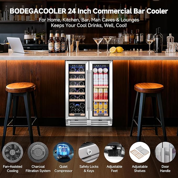 BODEGA 24 Inch Beverage and Wine Refrigerator, Dual Zone Wine Cooler Under Counter, with Independent Temperature Control and Upgraded Compressor, Holds 57 Cans and 19 Bottles