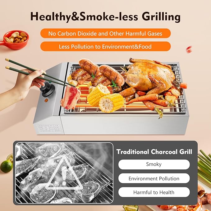 Countertop Electric BBQ Grill, 1800W Commercial Smokeless Barbecue Oven with Adjustable Temperature, Portable Stainless Steel Grill for Party Home Camping Cooking