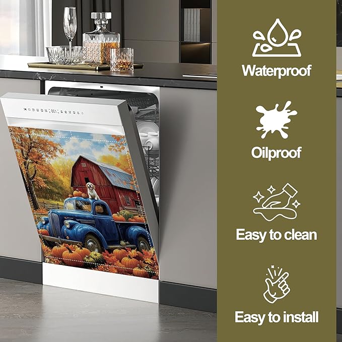 Dishwasher Magnet Cover,Blue Truck Dishwasher Cover Magnetic Pumpking Leaves Home Appliances Refrigerator Decorative 23" x 26"