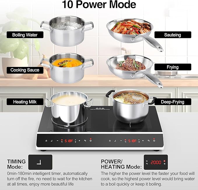 Double Induction Cooktop, 4000W 2 burner Induction cooktop with LED Touch Screen 10 Levels Settings with Child Safety Lock & Timer 110V Electric burner with hot plate