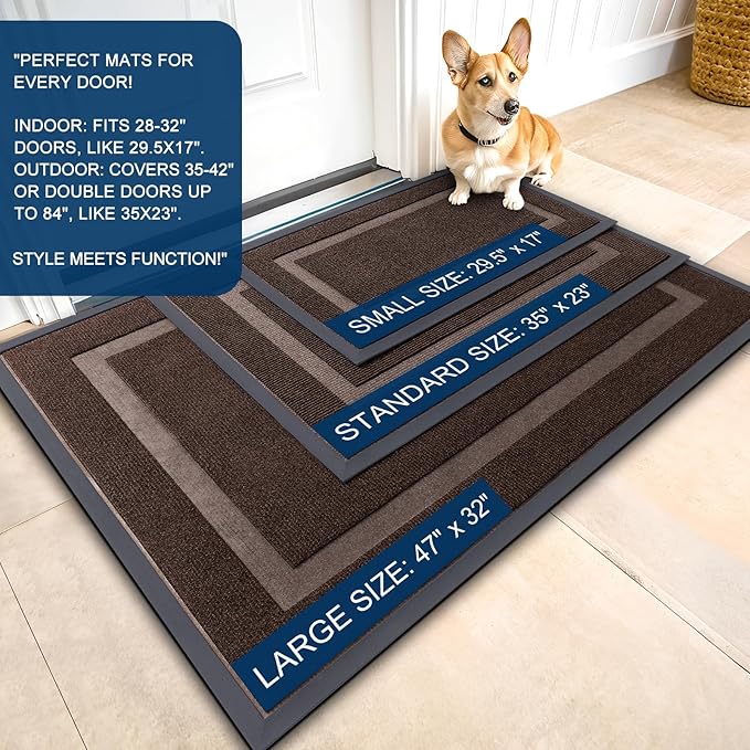 OLANLY Front Door Mat Indoor Outdoor Entrance, Waterproof All-Season, All-Weather Doormat, Sturdy Natural Rubber, Fade Resistant, Low Profile, Easy Clean Patio Porch Entryway Mat, 33x21, Dark Brown