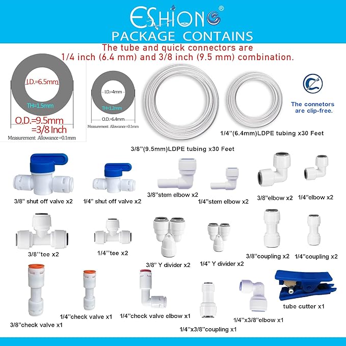 NSF Certified 1/4" & 3/8"O.D. Water Line Tubing and Push to Connect Fittings for RO (Reverse Osmosis) Water Filter 30 pcs+30 feet 1/4" tubing+30 feet 3/8" tubing.