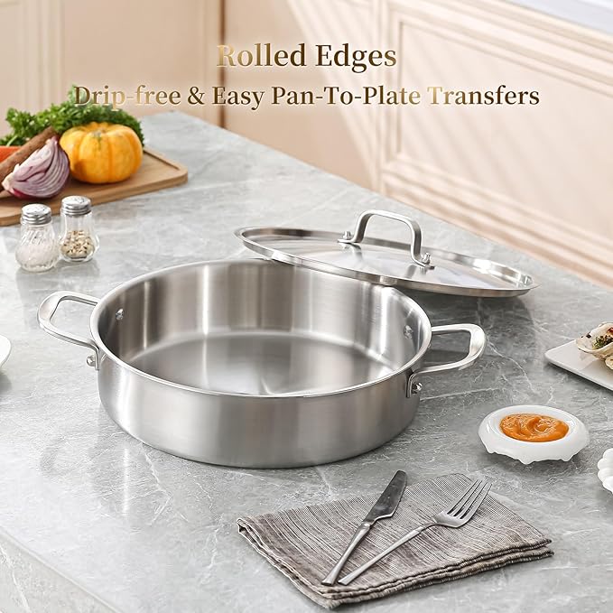 DELARLO Tri-Ply Stainless Steel 5 Quart Braiser Pan with Lid Induction Rondeau Pot With Lid 12inch Deep Frying Pan Large Saute Pan Heavy Duty Style Compatible With All Cooktops Up to 650℉