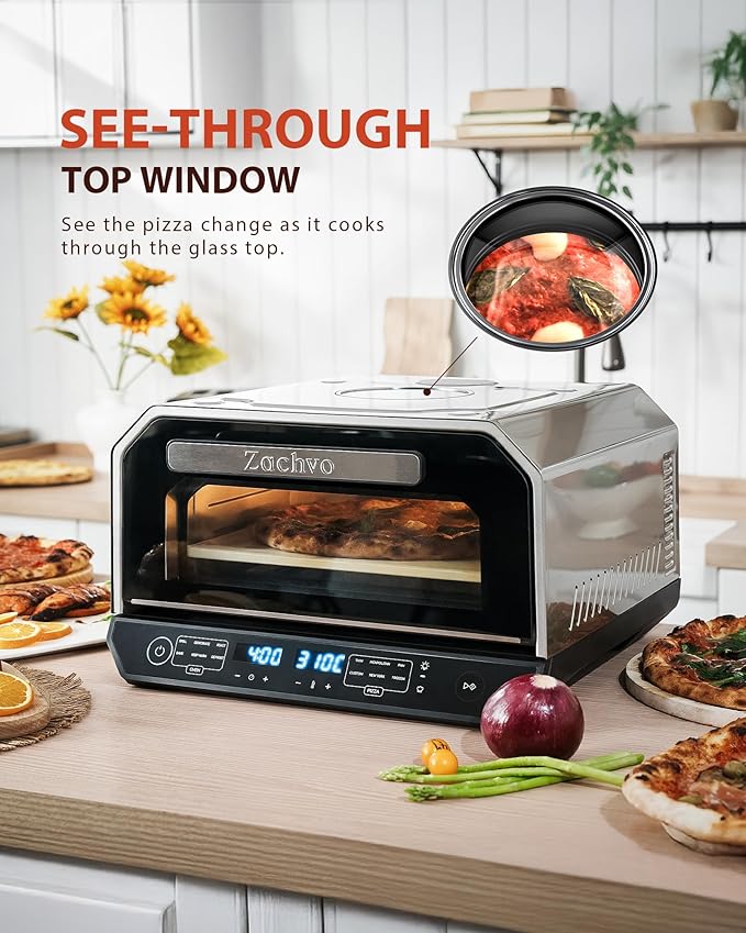 Indoor Pizza Oven, Makes 12 Inch Pizzas in 90 Seconds, Heats up to 850°F Countertop Pizza Oven, 6 Touchscreen Presets Electric Pizza Oven for Kitchen, Baking Tray & Pizza Stone Peel Included-Silver