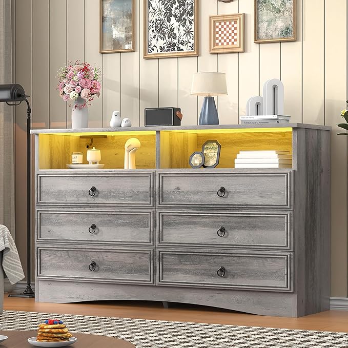 Grey 6 Drawer Dresser for Bedroom with LED Lights and Charging Station, Wood 6 Chest Drawers, Large Storage for Clothes, for Living Room, Bedroom, Hallway, Taupe Grey