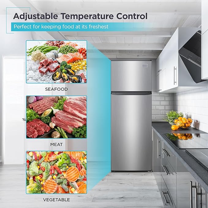 BLACK+DECKER 12 Cu. Ft. Top Mount Refrigerator with Freezer, 2 Door Fridge with Top Freezer and Adjustable Temperature Control, For Homes and Apartments, BDA12GLAS, Stainless Steel Look