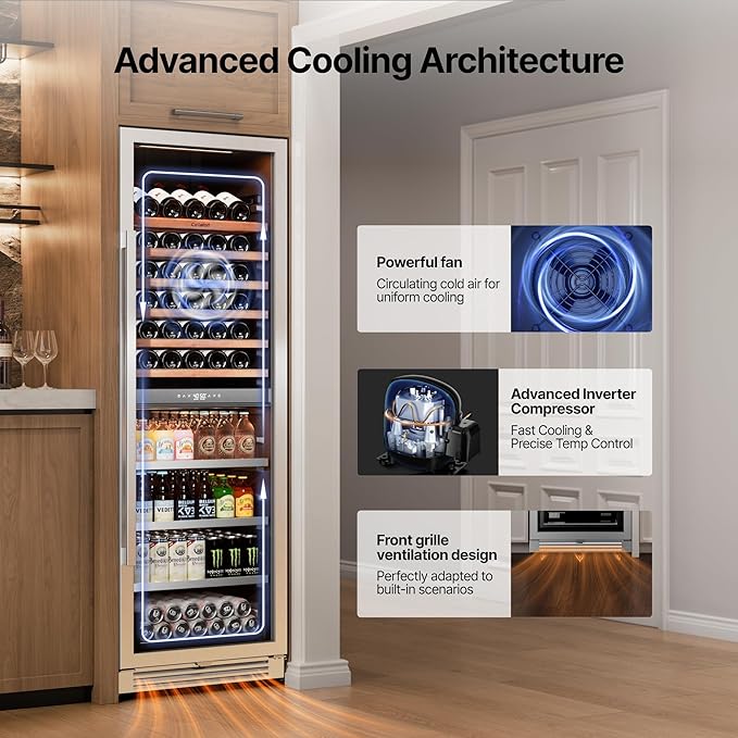 Ca'Lefort 24 Inch Wine Fridge - 177 Can & 77 Bottle Dual Zone Wine Cooler with Glass Door, 34-65°F Quiet Refrigerator with Bottom Drawer 3 LED Light Built-in for Home/Bar/Kitchen Right-Hinged Door