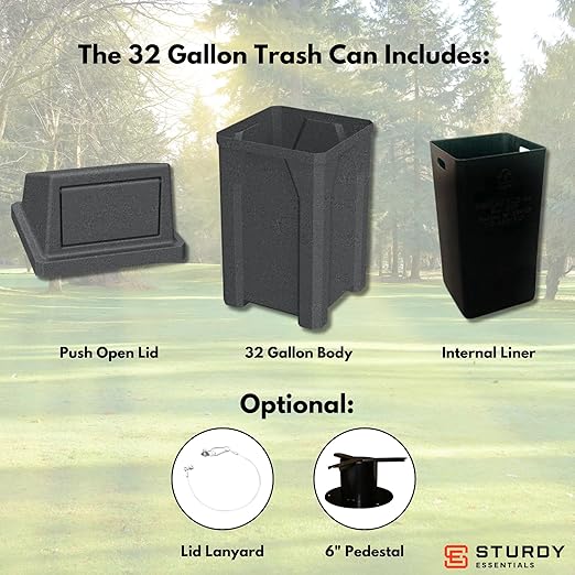 Campus Collection 32 Gallon Square 100% Recycled Plastic Heavy Duty Commercial Indoor or Outdoor Trash Can with Push Lid | Great for Schools and Businesses - Dark Granite
