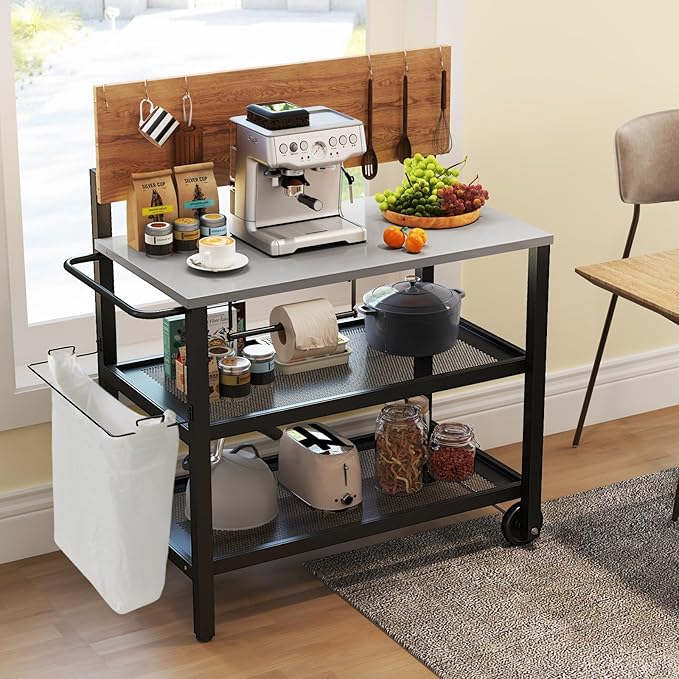 GOFLAME Outdoor Patio Cart Table, Kitchen Shelf on Wheels with Flip Top, Trash Bag Holder, Movable Hooks, Side Handle, Rolling Dining Grill Table, 4-Tier Serving Cart for Home, Bar, with Chairs