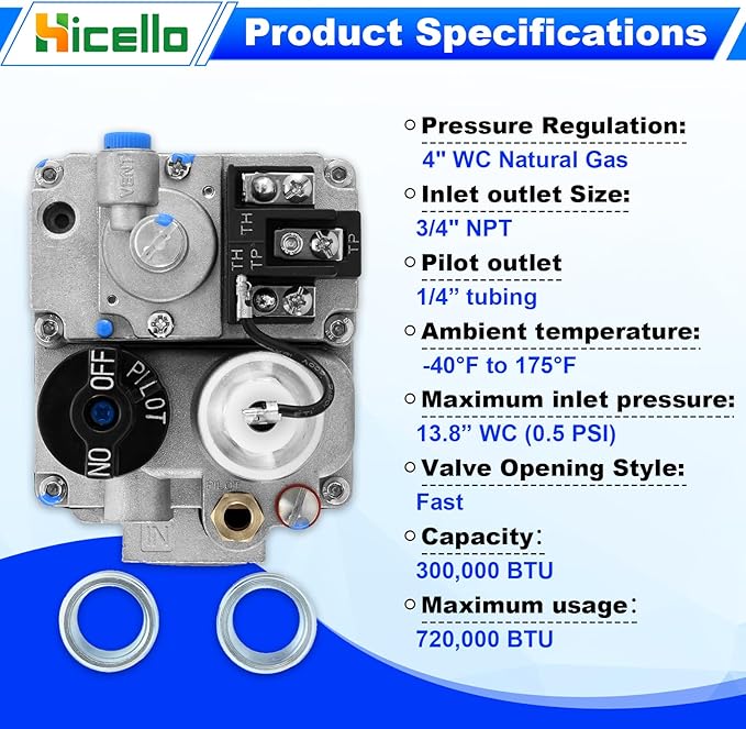 Replacement for Robertshaw 700-506 Millivolt Gas Valve - 700 Series 200,000 BTU/H Fast Opening, Compatible with Natural Gas Water Heaters, Furnaces & Commercial Gas Fryers