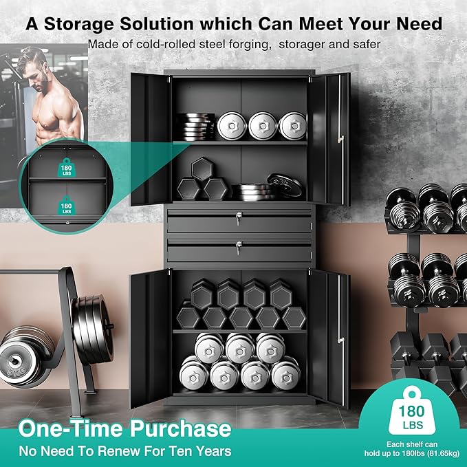 SISESOL Metal Storage Cabinet with Drawer and Locks,Black Garage Storage Cabinet with Locking Doors and Adjustable Shelves,71" Tall Large Metal Cabinets with Magnetic Door for Home,Office,Garage