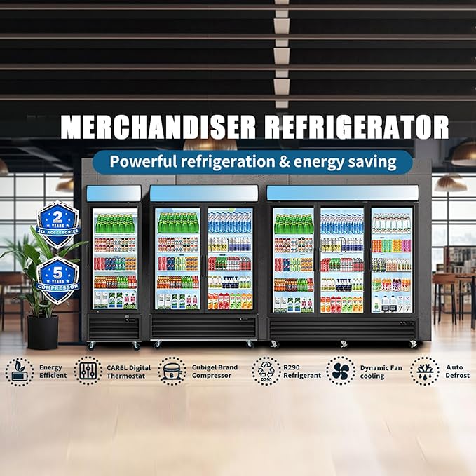 mikibama Glass Door Commercial Refrigerators, 70 Cu.ft Reach-In Display Refrigerator with LED Top Panel Upright Beverage Storage (Refrigerator-3 door)
