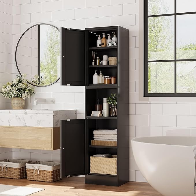 Tall Bathroom Storage Cabinet, Metal Narrow Cabinet with Ajustable Shelves Open Countertop, Slim Pantry Cabinets for Small Spaces, Living Room, Kicthen, Dining Room