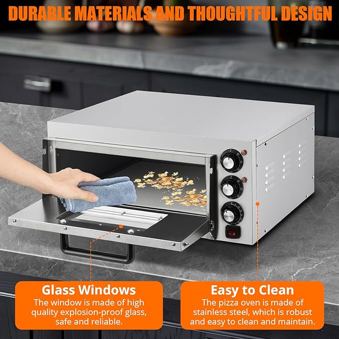 Electric Pizza Oven 14 inch Countertop Pizza Maker with Pizza Stone and Handle, Visual Viewing Window, Timer & Temp Control, Stainless Steel Pizza Cooker for Home Kitchen & Commercial