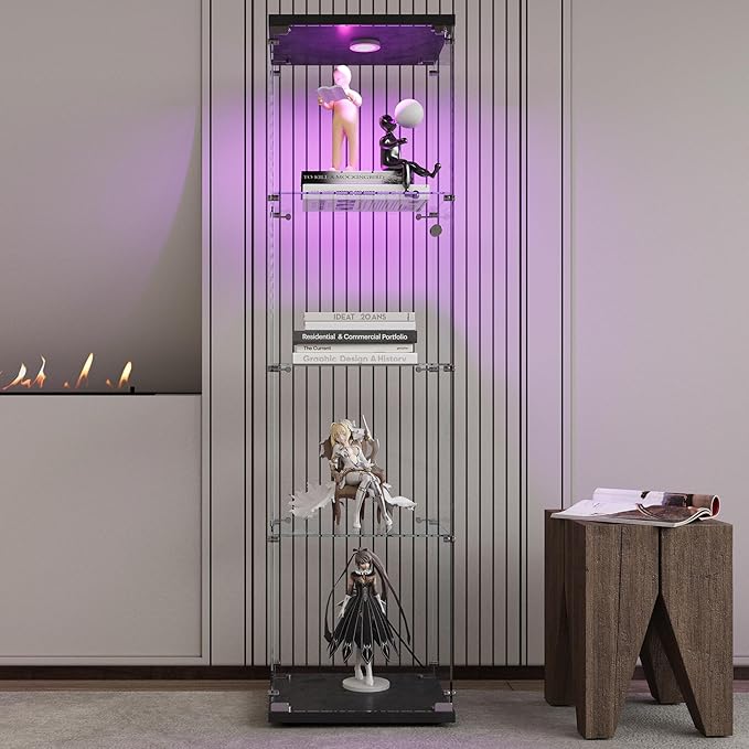 4-Shelf LED Lights Glass Display Cabinet, Floor Standing Glass Curio Cabinet with Door & Lock, Bookshelf, Toys & Trophy Display Case for Living Room, Bedroom & Exhibition Hall (Black)