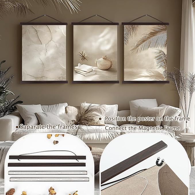 2 Pack Magnetic Poster Hanger Frame, 11x14 11x17 11x22 Light Wood Wooden Magnet Canvas Artwork Print Dowel Poster Hangers Frames Hanging Kit (Walnut, 11", 2 Packs)