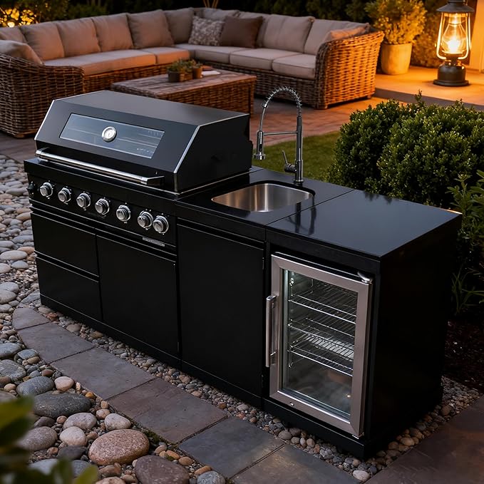 82 Inches 6-Burner 85000 BTU Deluxe Stainless Steel Propane Gas Outdoor Kitchen Bar Barbecue Island Grill, Wine Cooler Compact Refrigerator, Granite Countertops, Stainless Steel Sink, Black