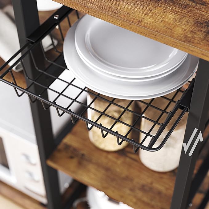 VASAGLE Baker's Rack, Coffee Bar Stand with Charging Station, 33 Inches Tall, Storage Shelves, Pull-Out Wire Basket, Table for Microwave, Kitchen, Rustic Brown and Ink Black UKKS90X