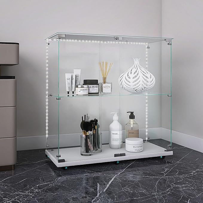 Yoluckea 2 Tiers Glass Display Cabinet with Bluetooth LED Light Strip, 2 Doors Floor Standing Curio Cabinet with Universal Wheel for Home, White Glass Bookshelf for Collections, Clear Top