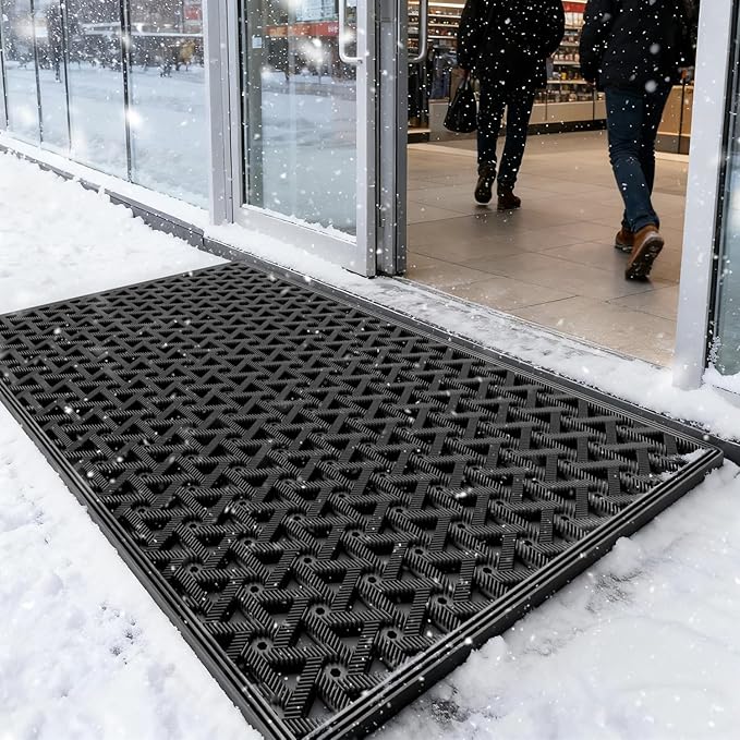 LUMI Outdoor Doormat 19x30, Front Door Mat Outside Entrance, Heavy Duty Rubber Welcome Exterior Door Mat Non Slip Waterproof, Outdoor Rubber Mats with Drainage Holes, Easy Clean Entryway Mats, Black