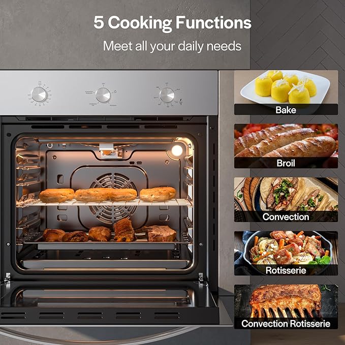 Empava 24 Inch Natural Gas Single Wall Oven in Stainless Steel, 5 Cooking Modes, Convection and Rotisserie Function, 2.3 Cu.ft, 13600 Btu/h