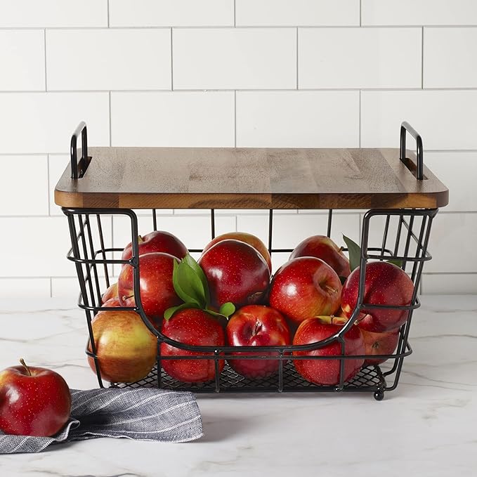 Gourmet Basics by Mikasa Madam Metal Stacking Nesting Rectangular Basket with Acacia Wood Lid, Space Saving Kitchen, Bathroom & Office Organizer, Antique Black
