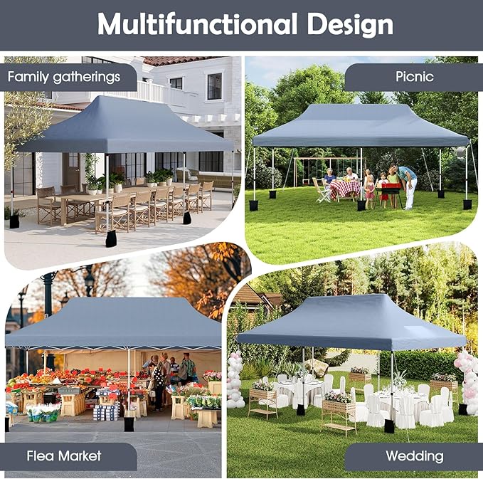 Tangkula 10x20 Ft Pop Up Canopy, Instant Setup Tent with 6 Sandbags, 12 Stakes & 6 Ropes, UPF 50+ Portable Outdoor Canopy Tent with Carrying Bag for Camp, Beach, Patio (Gray)