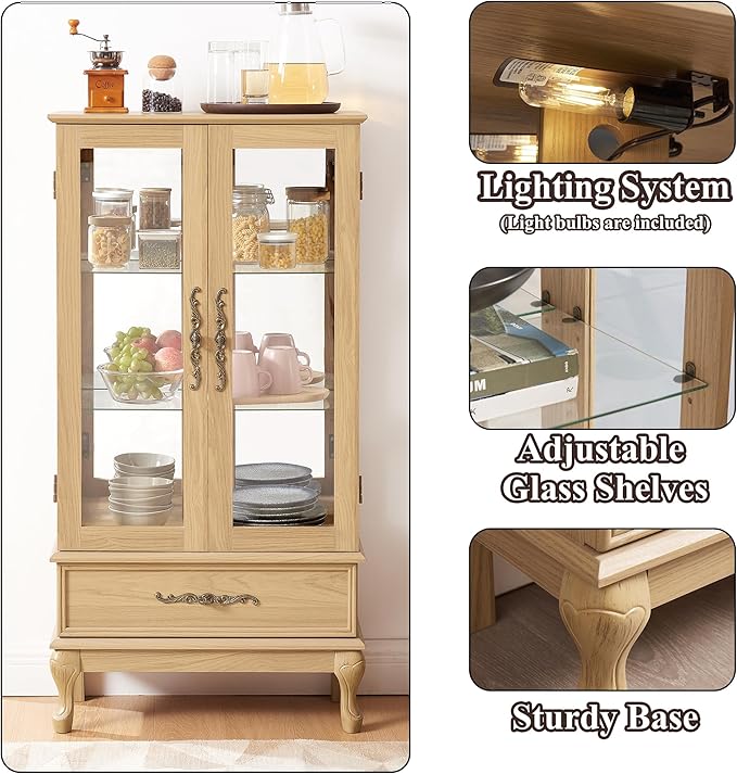 51" H Lighted Curio Cabinet Display Case, Glass Curio Cabinet with Adjustable Shelves,Tempered Glass Door and Drawer, Wooden Cabinets w/Mirrored Back Pane for Living Room (Light Oak)