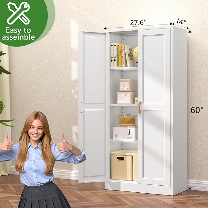 60" Kitchen Pantry Storage Cabinet,White Tall Storage Cabinet With Doors and Shelves,Metal Food Pantry Cabinets for kitchen storage,Freestanding Cupboard for Dining Living Room,Assemble Required