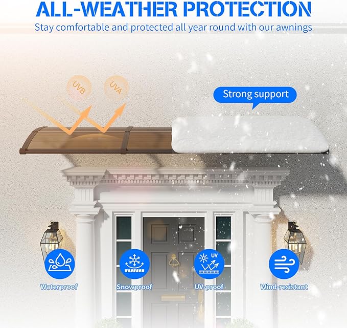 Awning for Door Entrance with Drainage Sink,32x40 Inch Awnings for Doors,Window Canopy Exterior with Plastic Steel Bracket,Polycarbonate Cover,UV,Rain,Snow Protection for House,Porch,Patio,Deck