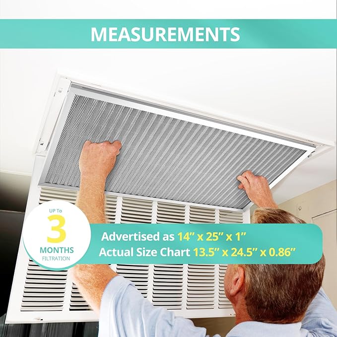 14x25x1 Electrostatic Air Filter, Washable & Reusable Aluminum AC/HVAC Furnace Filter, MERV 8, Lasts a Lifetime, Healthier Home or Office(Actual Size: 13.5"x24.5"x0.86")