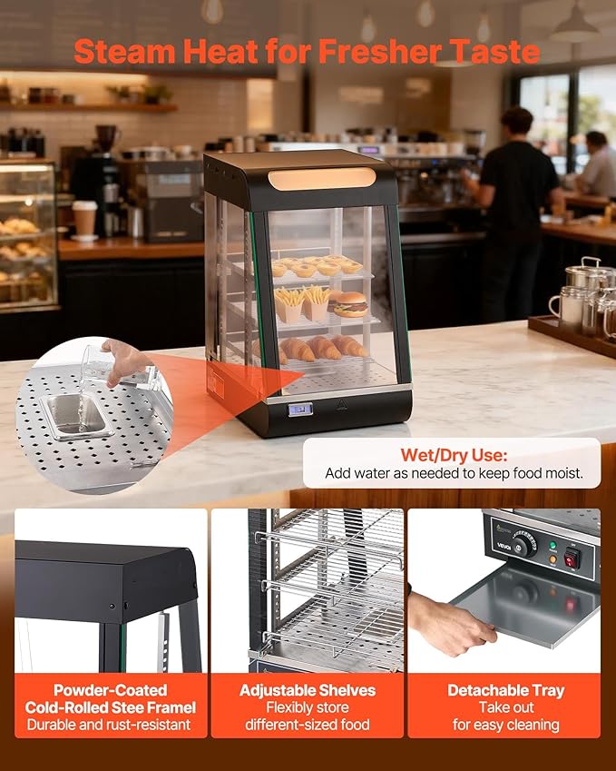 VEVOR 3-Tier Commercial Food Warmer Display, 800W Food Display Warmer with LED Light, Top Storage and Adjustable Shelves, 86℉~185℉ Steam Heating, 60 Qt /57L for Hamburger, Pizza, Bread, Fried Chicken