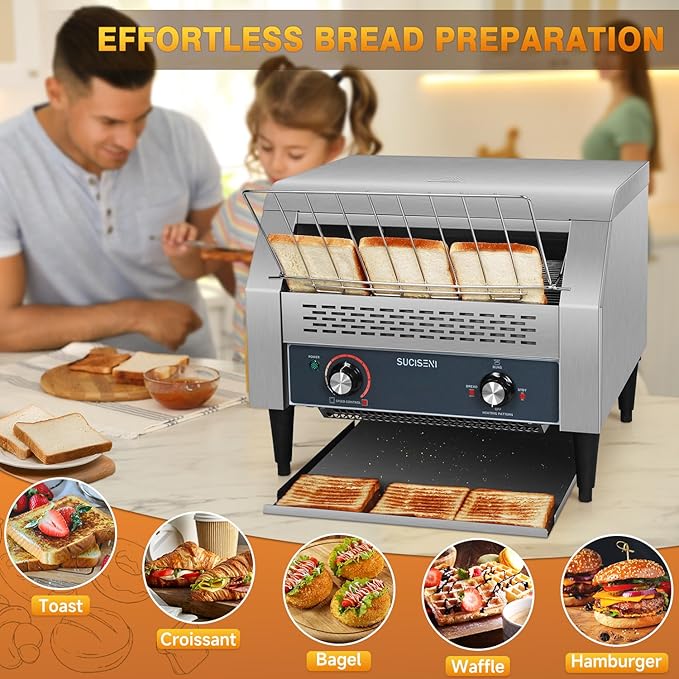 SUCICENI Commercial Conveyor Toaster 450 Slices/Hour Stainless Steel Toaster 2600W Heavy Duty Industrial Toasters Electric Oven with Dual Heating Tube for Bagel Bread Croissant Bakery Restaurant Cafe