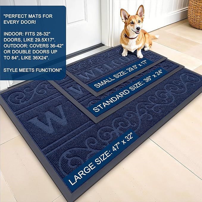 OLANLY Welcome Door Mat Indoor Outdoor Entrance, Heavy Duty Sturdy Front Door Mat, Waterproof All-Weather Doormat, Stain Resistant, Low Profile, Easy Clean Patio Entryway Mat, 47 x 24, Navy Blue