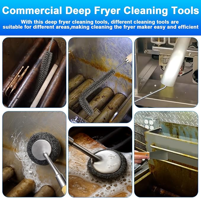 XANGNIER Large Commercial Fryer Cleaning Tools,6 Pcs Stainless Steel Electric Deep Fryer Cleaner Brush for Restaurants,Hotel Kitchen Fryers Deep Cleaning Accessories