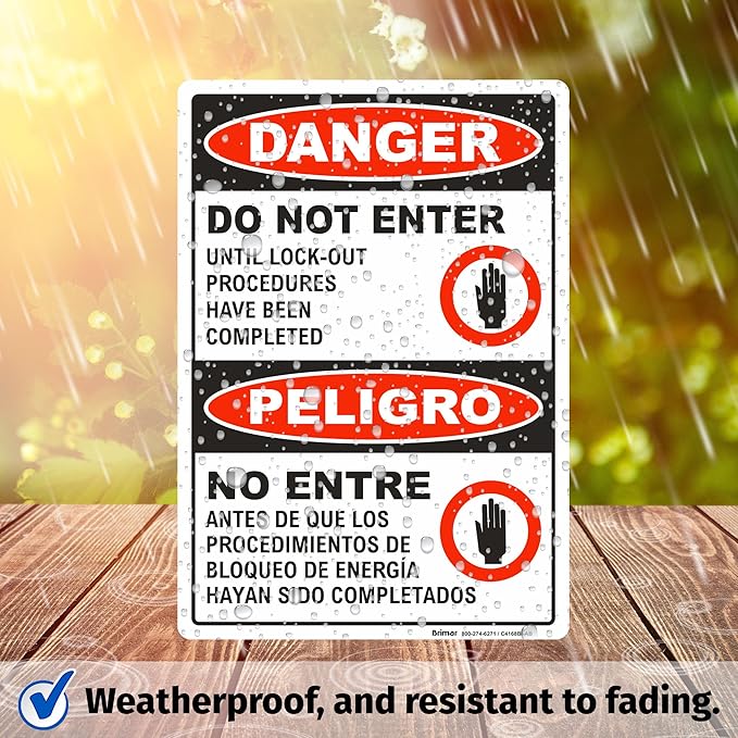 Brimar - 7 x 10" - Bilingual Danger Do Not Enter Lock Out Sign - 3.5 Mil InfiniStick™ Vinyl Label - Bilingual Design - Bold Text And Symbol