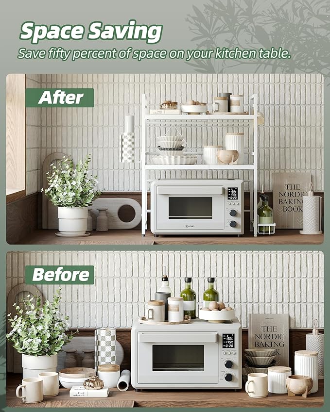 NETEL Expandable Microwave Stand,3 Tier Metal Kitchen Countertop Organizer Shelves with Paper Towel Holder and Baskets,Microwave Shelf,Microwave Oven Rack,110lbs Weight Capacity,White
