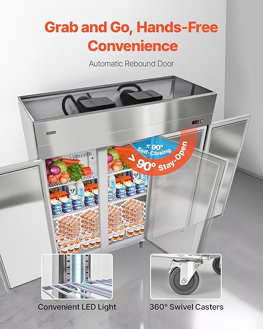 VEVOR Commercial Reach-In Refrigerator 72" W, 52 Cu.Ft Stainless Steel Upright Refrigerator with Three Doors, Auto-Defrost, 9 Adjustable Shelves, 32 to 50℉ Temp Control, UL Certified